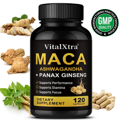 3 in 1 Ashwagandha + Maca Root + Panax Ginseng - Natural Supplement for Energy, Stamina, and Stress Support,120 Capsules