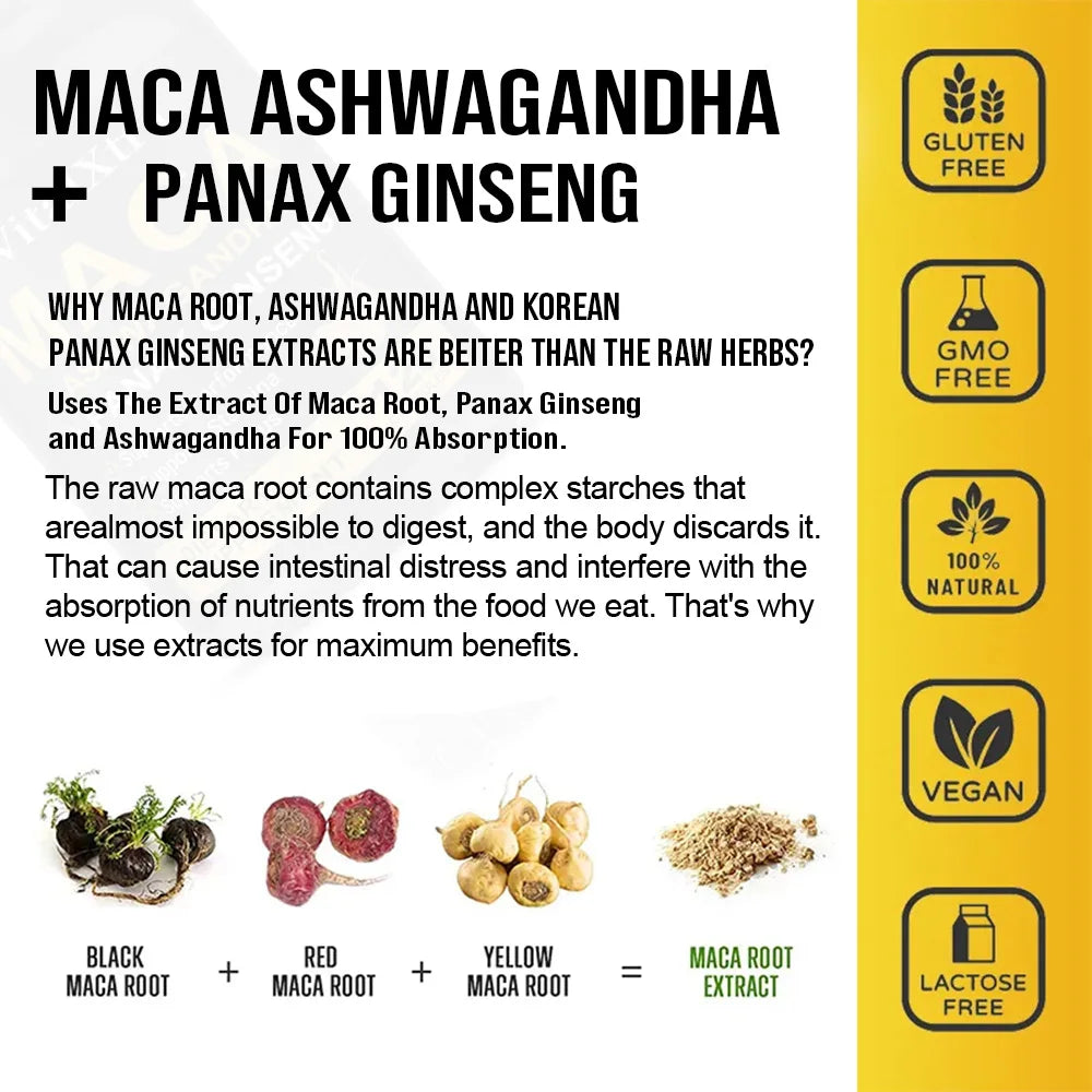 3 in 1 Ashwagandha + Maca Root + Panax Ginseng - Natural Supplement for Energy, Stamina, and Stress Support,120 Capsules