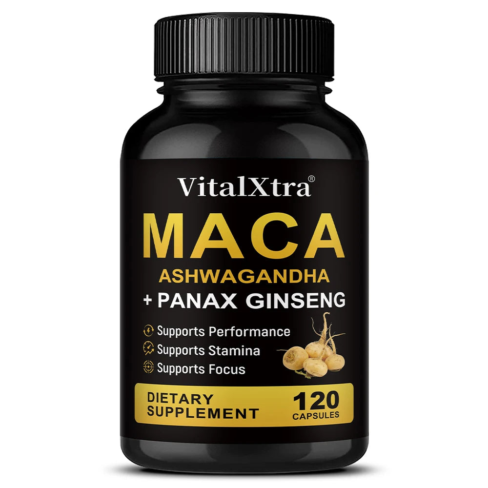 3 in 1 Ashwagandha + Maca Root + Panax Ginseng - Natural Supplement for Energy, Stamina, and Stress Support,120 Capsules