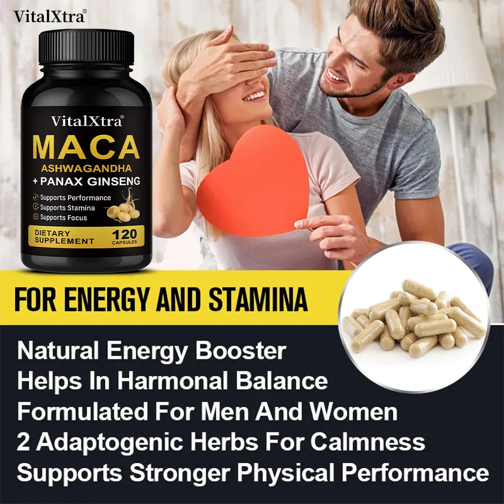 3 in 1 Ashwagandha + Maca Root + Panax Ginseng - Natural Supplement for Energy, Stamina, and Stress Support,120 Capsules