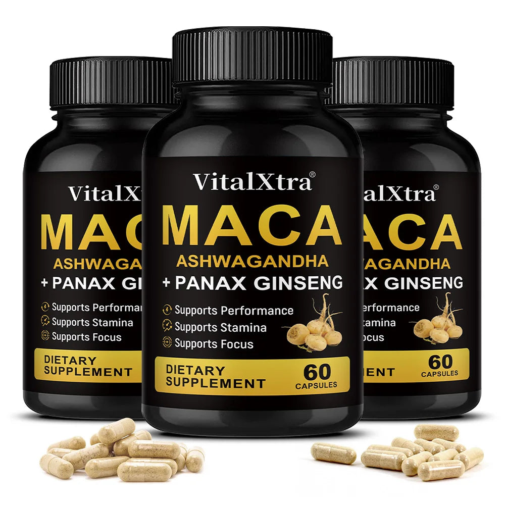 3 in 1 Ashwagandha + Maca Root + Panax Ginseng - Natural Supplement for Energy, Stamina, and Stress Support,120 Capsules