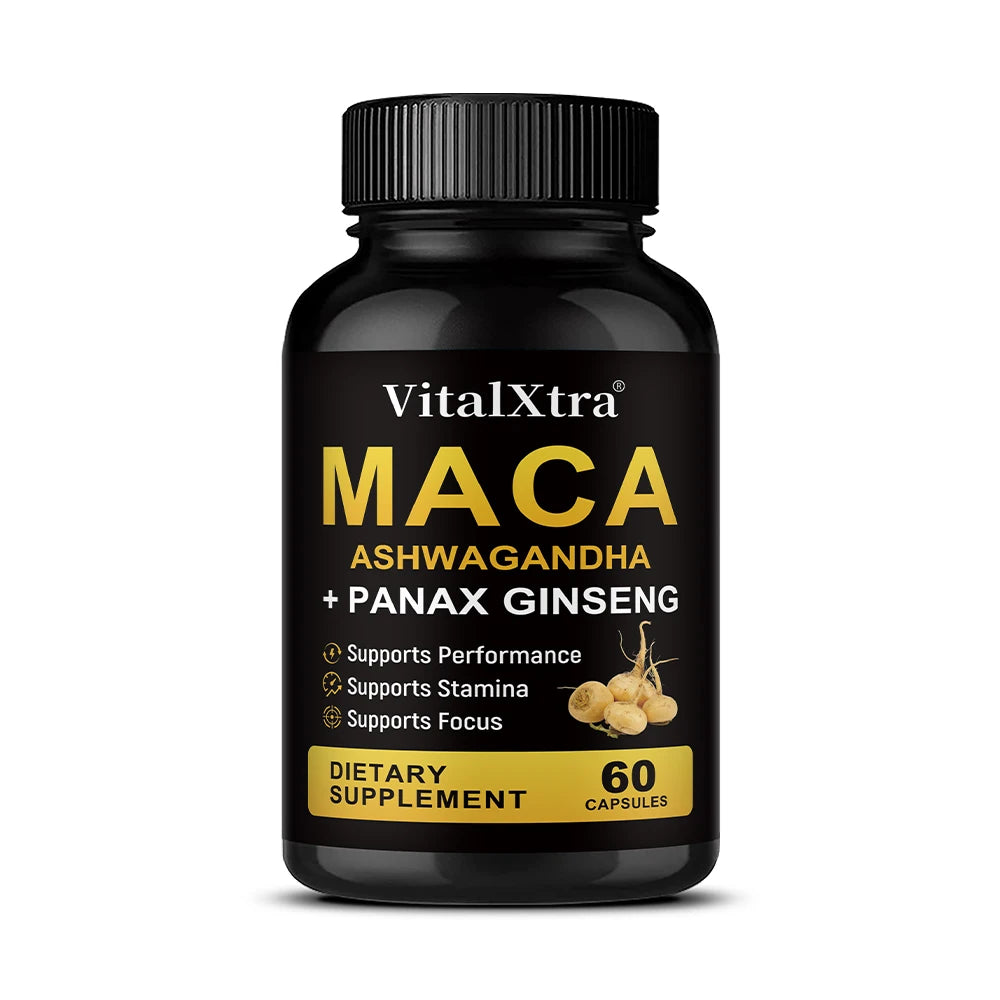 3 in 1 Ashwagandha + Maca Root + Panax Ginseng - Natural Supplement for Energy, Stamina, and Stress Support,120 Capsules