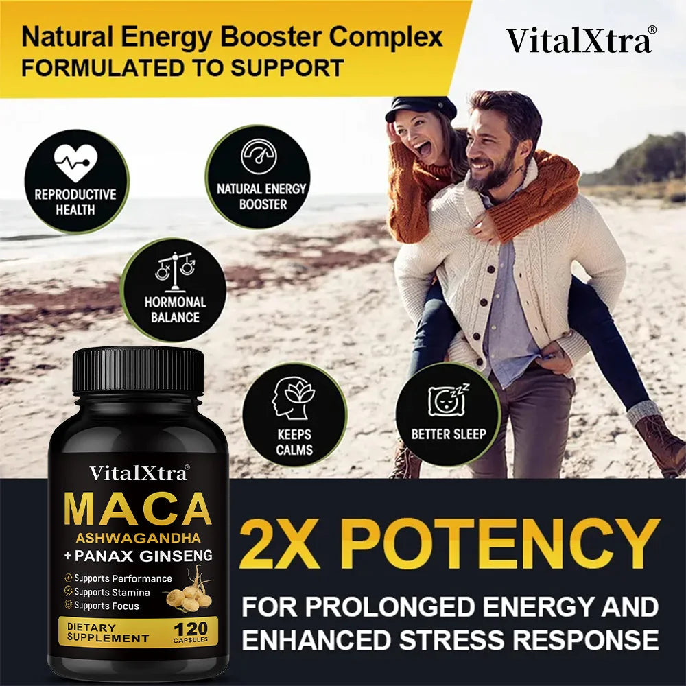 3 in 1 Ashwagandha + Maca Root + Panax Ginseng - Natural Supplement for Energy, Stamina, and Stress Support,120 Capsules