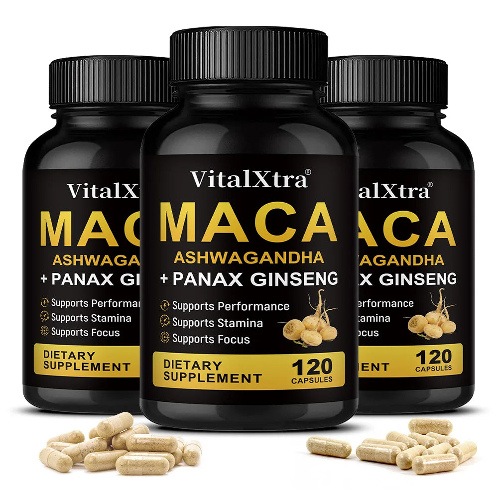3 in 1 Ashwagandha + Maca Root + Panax Ginseng - Natural Supplement for Energy, Stamina, and Stress Support,120 Capsules
